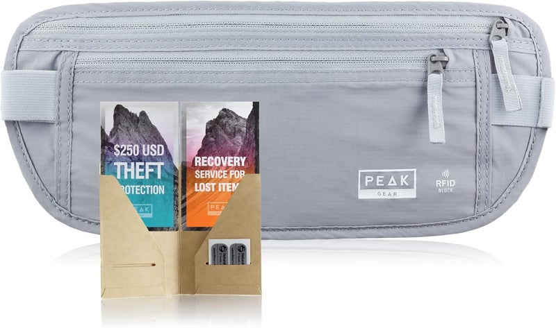 Peak Gear حزام نقود للسفر. محفظة سفر عالية الجودة مع قماش مانع لتقنية RFID لحماية بطاقات الائتمان، جوازات السفر والمستندات. حماية حصرية من السرقة و2 ملصقات استرداد | رمادي - Image 1